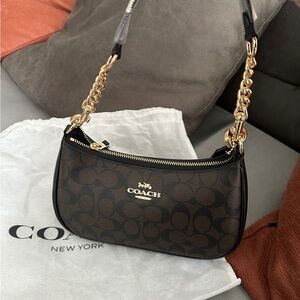 Coach Black and Brown Shoulder Bag with Gold Chain